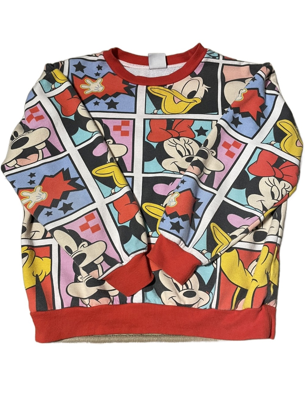 Disney Multicolor Character Comic Panel Crewneck Sweatshirt with Red Trim (Med)